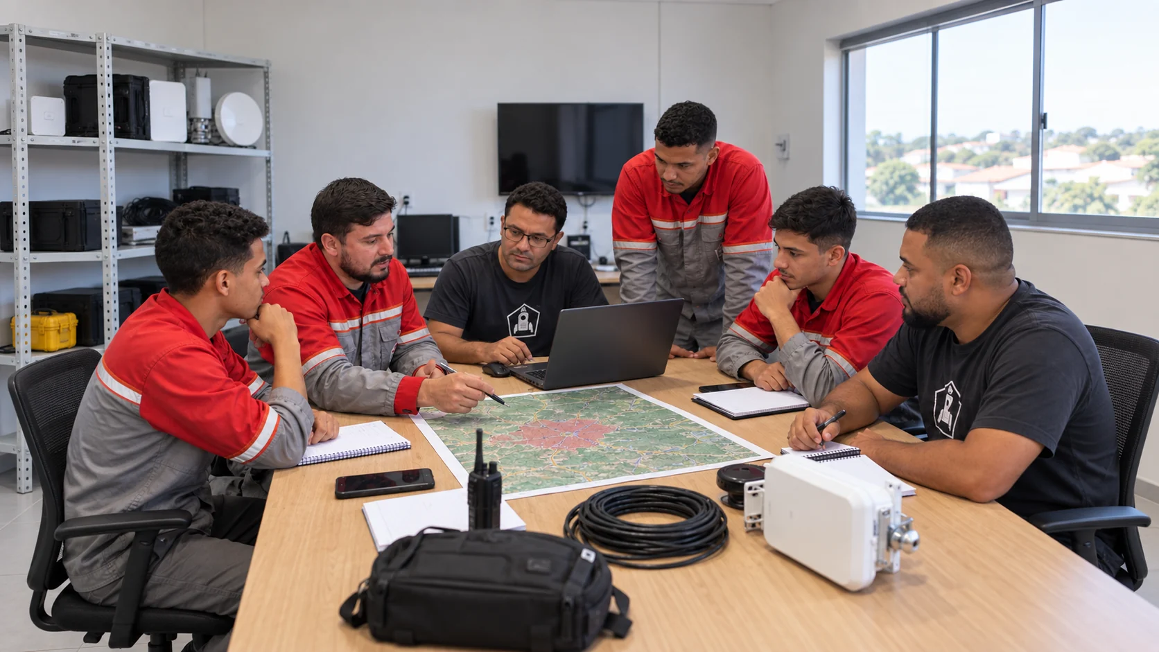 Equipe técnica da VirtualNet planejando a cobertura regional